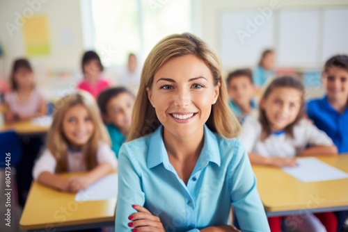Woman Smiling in Front of a Classroom