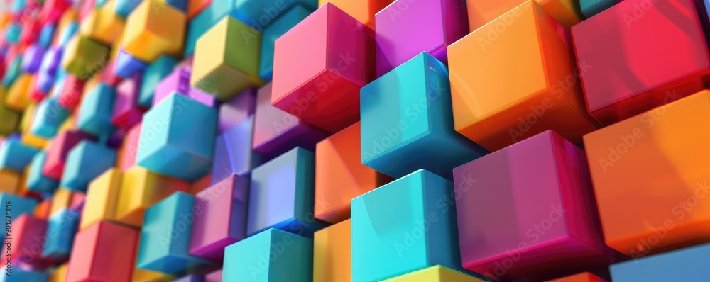 Vibrant 3D cubes in a colorful array. banner