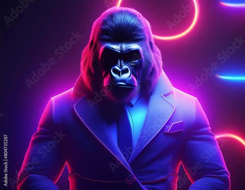  a gorilla in a suit illuminated by vibrant neon lights, 