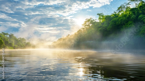 beautiful sunset on the amazon river with fog