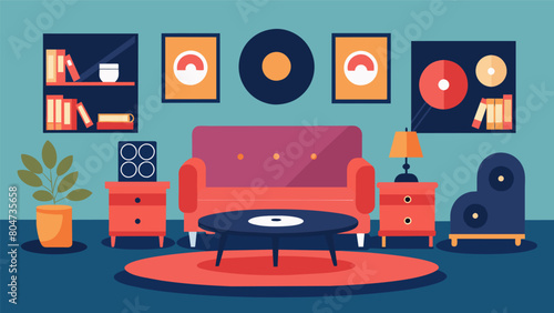 A sophisticated and elegant vinyl lounge with marble countertops velvet armchairs and a curated selection of handpicked vinyl records for discerning Vector illustration