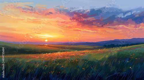 Sunset impressionistic landscape painting