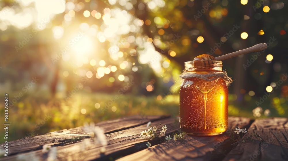 Close-up of honey jar with honey dipper on wooden table against vibrant green natural background Close-up of honey jar with honey dipper on wooden table against vibrant green natural background