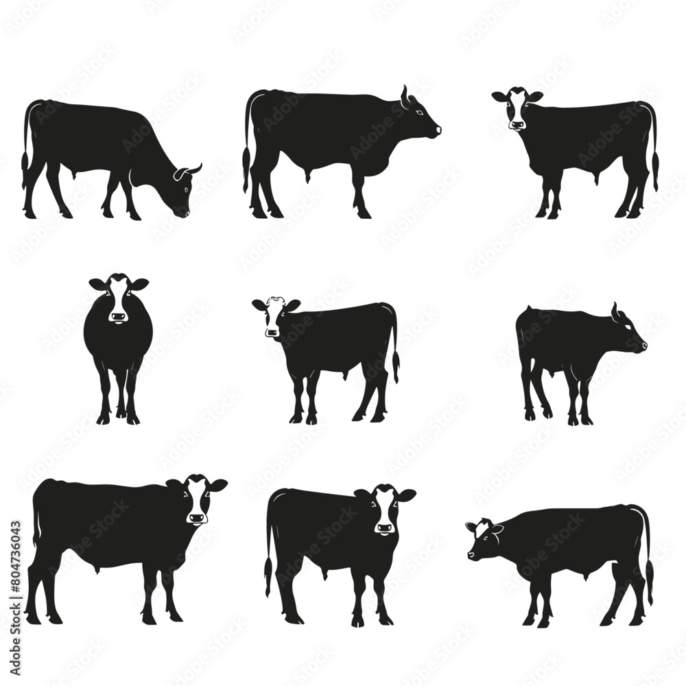 A black and white silhouette of several cows facing left A black and white silhouette of several cows facing left