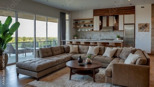 Luftiges Design  Modernes Wohnzimmer mit Panoramablick und stilvoller Einrichtung
