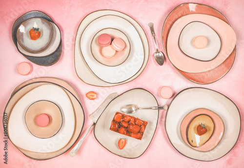 desert on colorful pink ceramic plates