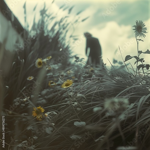 Realistic outdoor color ground-level photograph with grass and weeds in the foreground in the dim image of a man in silhouette, bokeh. From the series �Art Film - Color.�