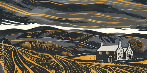 Stylized outdoor color linocut of a stone house in the Scottish Highlands, rolling hills and stormy sky. From the series �Golden Age.�