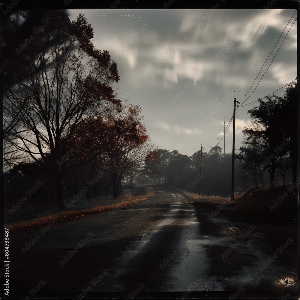 Realistic outdoor infrared photograph of an unpaved country road flanked by trees, cloudy sky. From the series �Art Film - Color.�