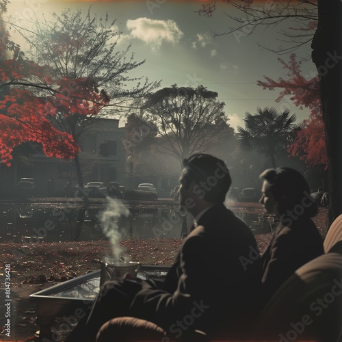 Realistic 1950s outdoor infrared color photograph of a man and a woman sitting outside and looking over a wide yard, late-day lighting. From the series �Art Film - Color.�