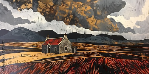 Stylized outdoor color linocut of a stone cottage in the Scottish highlands  meadows and cloudy skies  autumn colors. From the series    Golden Age.   