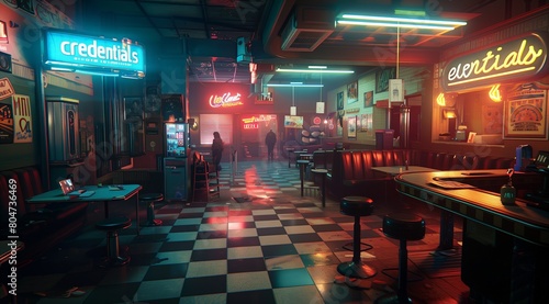 Realistic indoor color photograph of a dimly lit bar-restaurant with arcade games and neon lighting, few customers. From the series �Quest.� photo