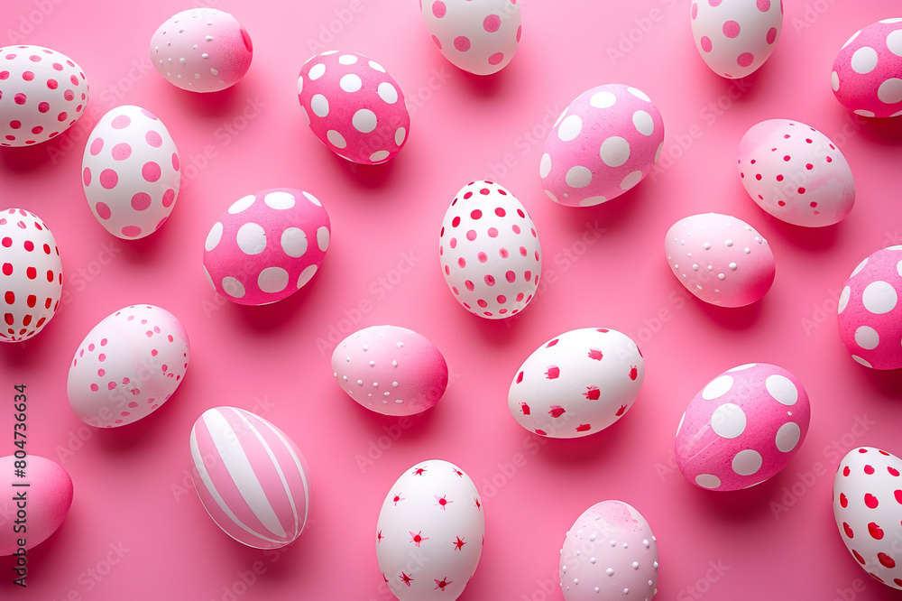 Pink and white polka dot Easter eggs on a pink background. Pink and white polka dot Easter eggs on a pink background.