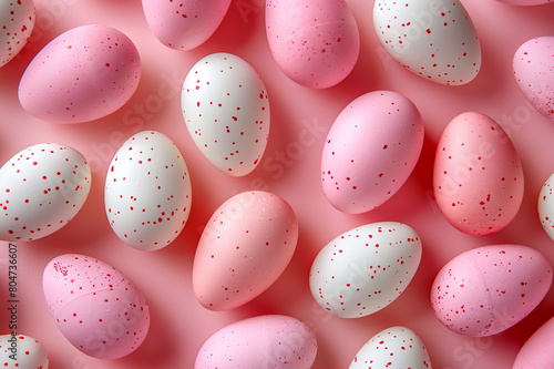 Colorful easter eggs on a pink background. Top view.