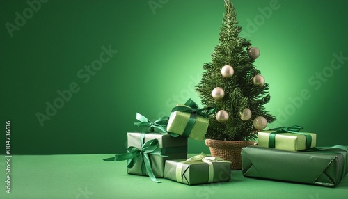green christmas tree and presents on green background
