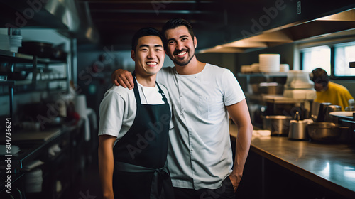 Proud team of chefs, sous chefs and cooking assistants looking at the camera smiling 