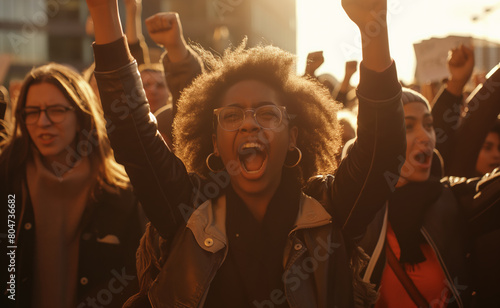 Euphoric Woman Celebrates With a Raised Fist at a Lively Sunshine-Filled Outdoor Event. Students protests