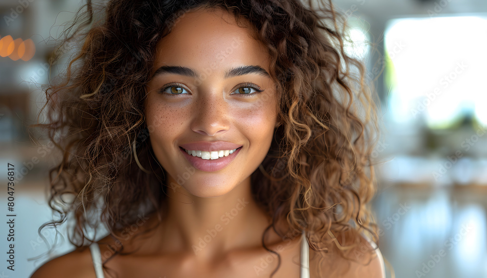 Beauty portrait of African American girl with clean healthy skin on beige background. Smiling dreamy beautiful black woman.Curly hair in afro style Beauty portrait of African American girl with clean healthy skin on beige background. Smiling dreamy beautiful black woman.Curly hair in afro style