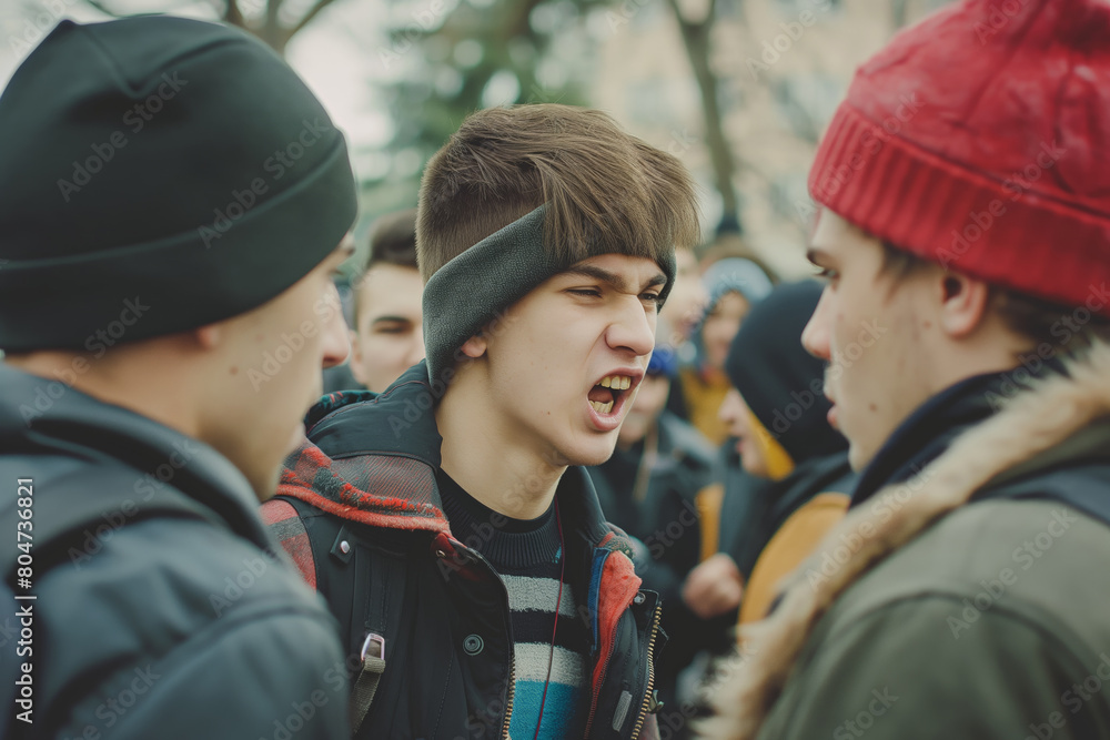 Young Adult Engaged in Heated Argument with Peers in Busy Outdoor Environment. Young Adult Engaged in Heated Argument with Peers in Busy Outdoor Environment.