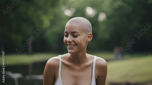 Hairless smiling woman Portrait, cancer world cancer day