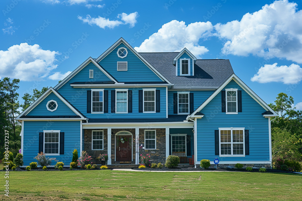 An elegant electric blue house with siding, located on a large lot in a quiet subdivision, featuring traditional windows and shutters, under a sunny day.