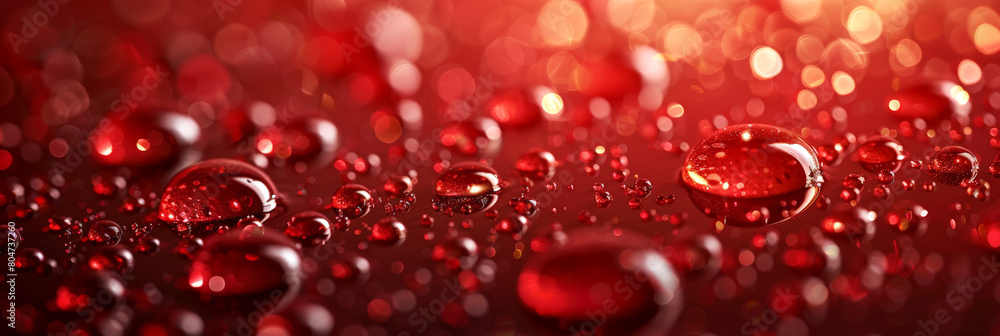 Close-up of vibrant red droplets on a reflective surface, ideal for concepts of purity, science, and technology. World Blood Donor Day. Close-up of vibrant red droplets on a reflective surface, ideal for concepts of purity, science, and technology. World Blood Donor Day.