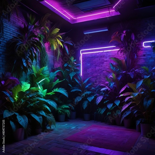 A room with plants and a brick wall, background with neon lights,3d illustration created with generative ai. photo