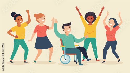 Smiling faces and enthusiastic movements as participants follow the rhythmic beats in a chair Zumba class designed for those with disabilities.. Vector illustration