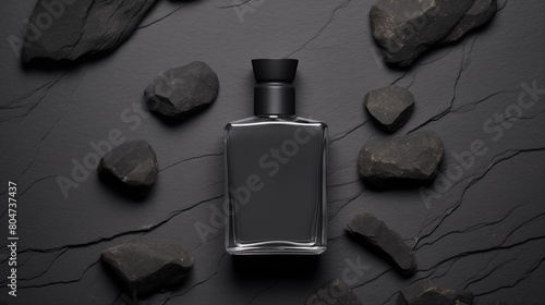 bottle of perfume on black with rocks