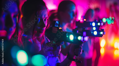 a lively scene with individuals holding laser guns in a colorful  dimly lit environment
