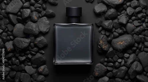 black bottle of perfume with stones, mockup