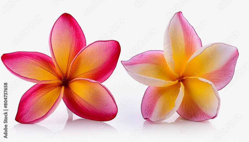 two pink and yellow frangipani plumeria flowers with isolated petals in png isolated on transparent background