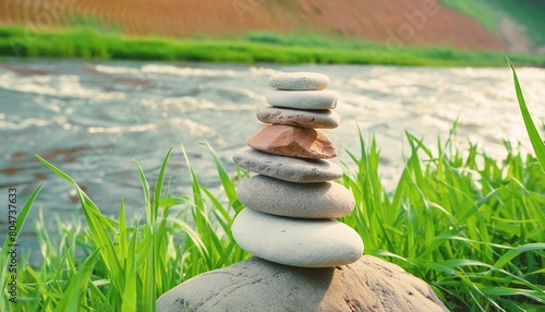 closeup stone cairn against the background of running water in the river and shore with green grass stone balancing along the river selective focus