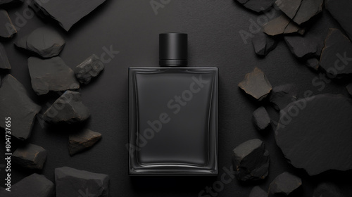 perfume bottle isolated on black with stones