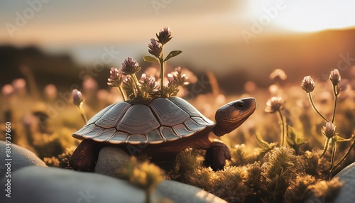 a turtle shaped planter with flowers growing out of it s shell in a field of grass and rocks photo