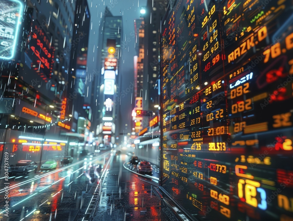 Futuristic cityscape with digital billboards displaying live updates from financial markets around the world.