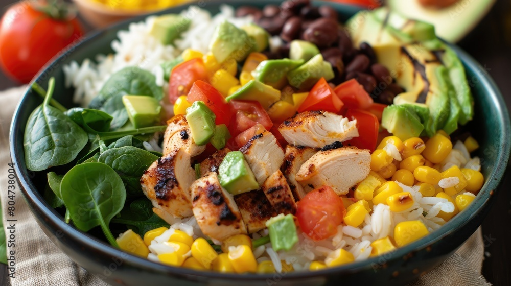 Delicious homemade Mexican chicken burrito bowl filled with rice beans corn tomatoes creamy avocado and fresh spinach perfect for a satisfying taco salad lunch
