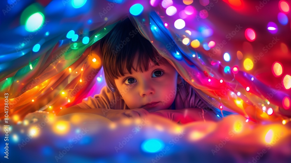Child under a vivid blanket of colorful lights, capturing their playful essence. Child under a vivid blanket of colorful lights, capturing their playful essence.