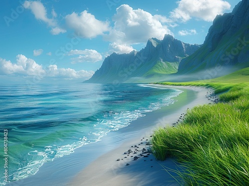 3d illustration of an icelandic beach with green grass and tall mountain in the background, blue sky, clear water, flat design, high resolution, colorful photo