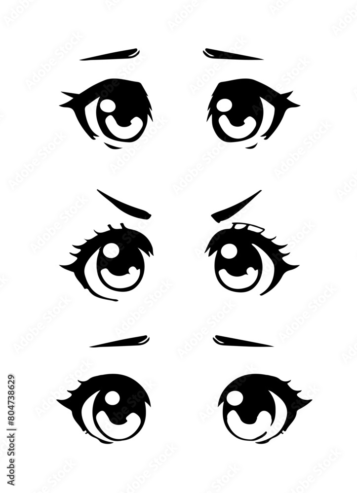 Set of 90's black and white retro anime style eyes on a white background. Set of 90's black and white retro anime style eyes on a white background.