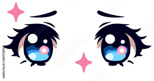Cute kawaii blue anime eyes with sparkles and long lashes of a manga girl cartoon character.
