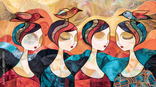 Abstrakte Illustration: 4 Frauen mit Vögeln auf dem Kopf. KI generiert.