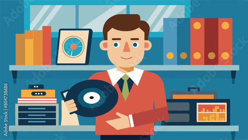The record store owner proudly displays his favorite record a rare find he came across during his years of combing through flea markets and garage Vector illustration