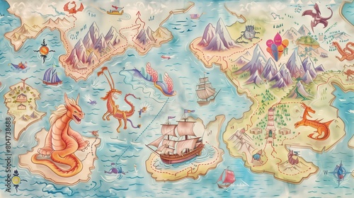 Watercolor map using soft pastels to depict tranquil maritime routes and vibrant mythical creatures around lush islands.