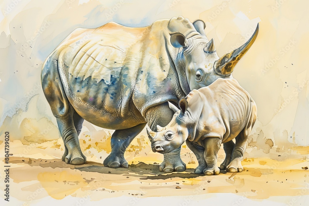 Fototapeta premium Watercolor of a rhinoceros baby with its mother.
