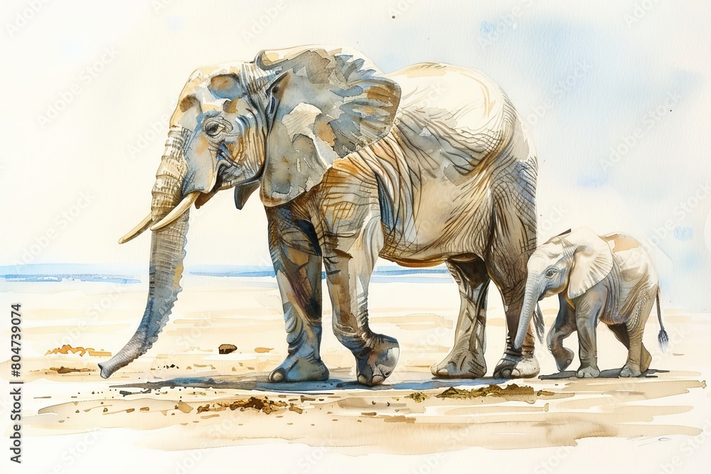 Fototapeta premium Watercolor of an elephant baby with its mother.