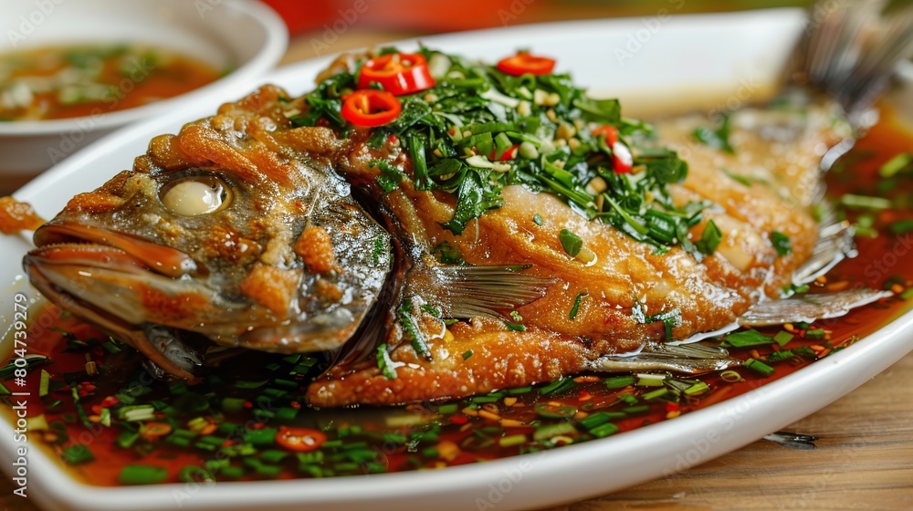 Deep Fried Pomfret with fish sauce. Generative Ai Deep Fried Pomfret with fish sauce. Generative Ai