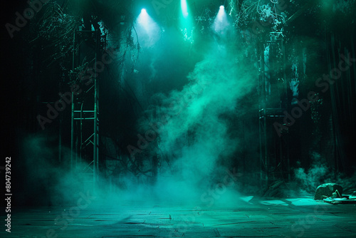 A stage shrouded in dark green smoke under a cerulean spotlight, offering a deep, forest-like atmosphere.