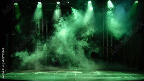 A stage with billowing lavender smoke under a dark green spotlight  providing a soothing  tranquil contrast.