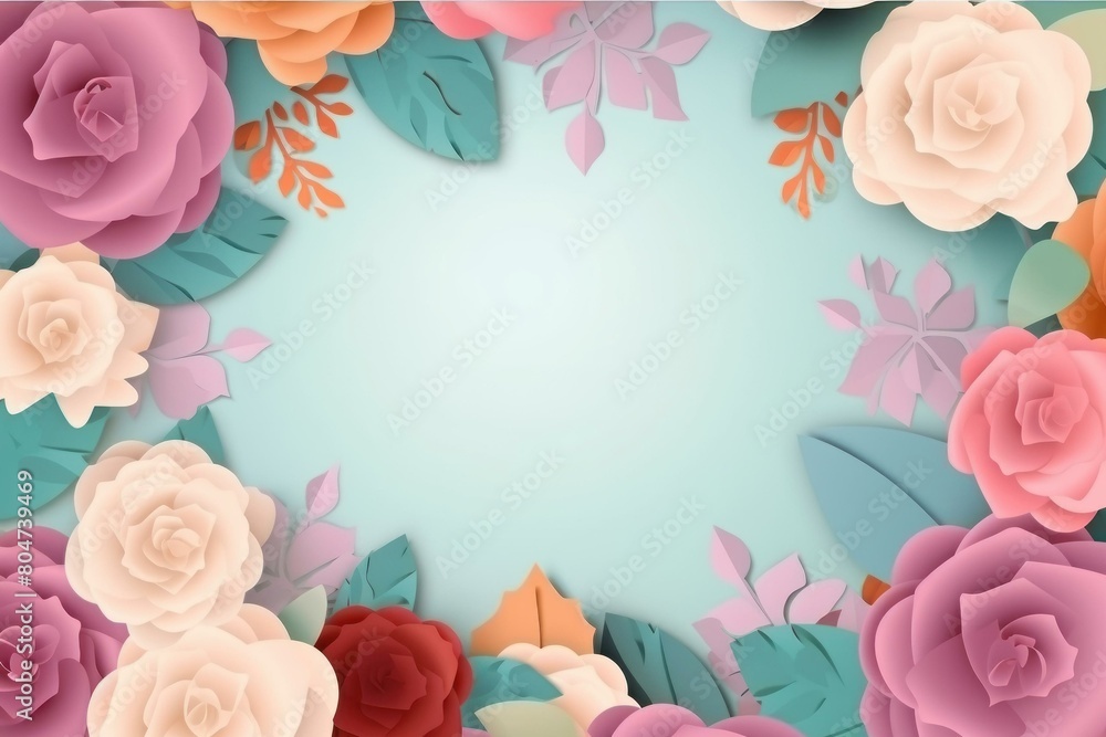 Paper cut floral design with vibrant roses and soft pastels on teal background